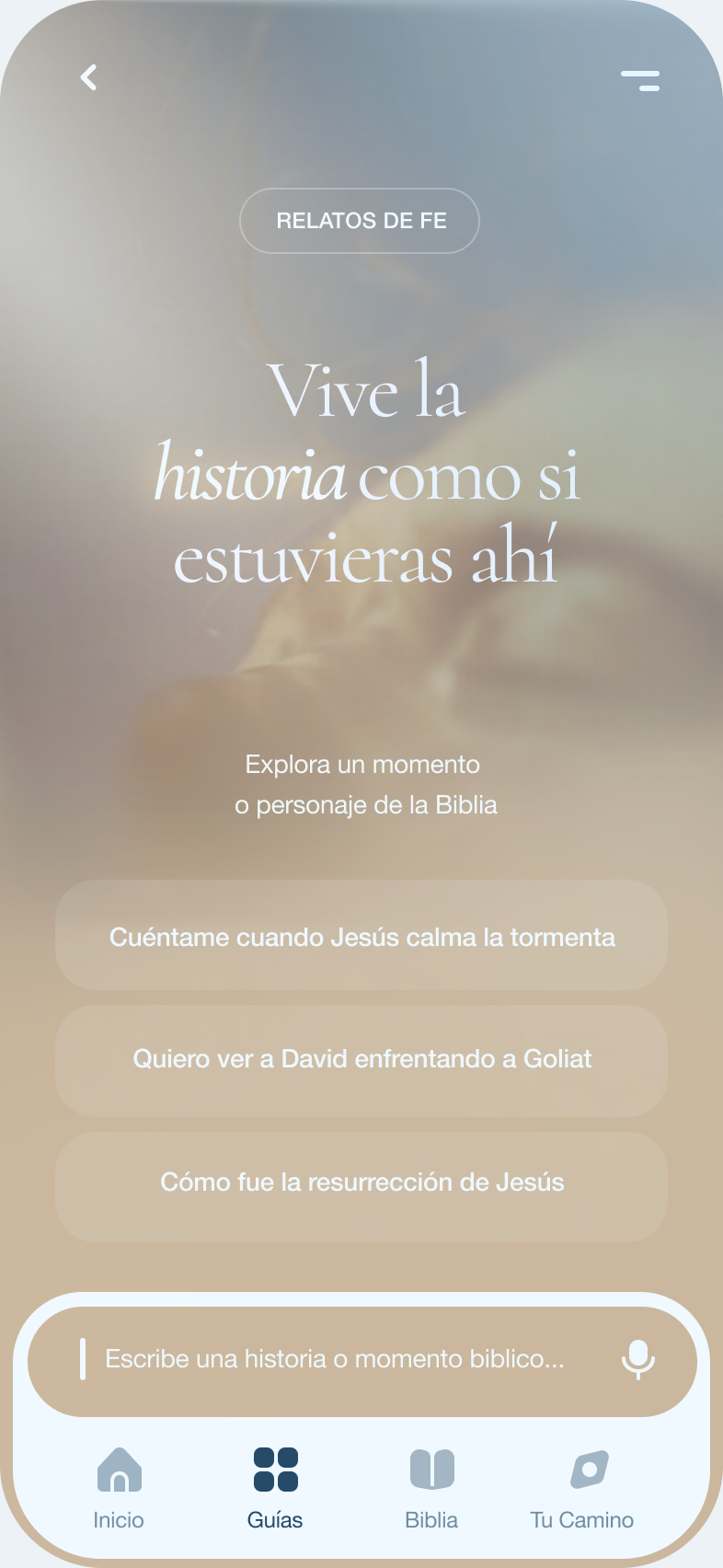 Pantalla de Relatos de Fe en ORHA